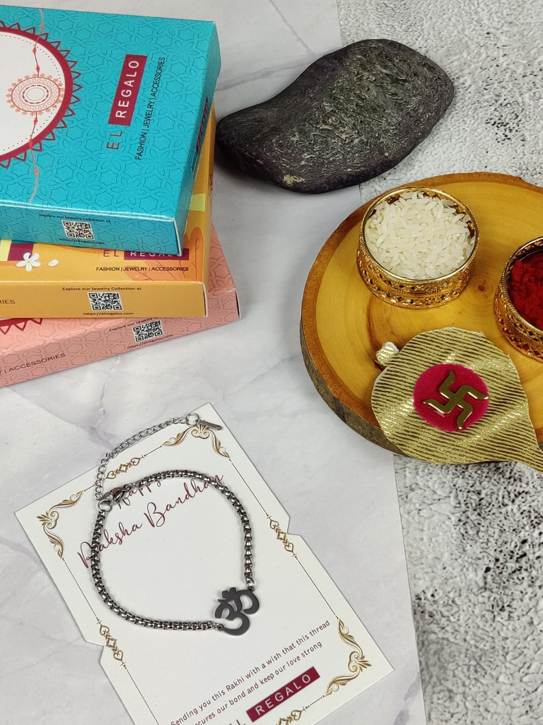 

EL REGALO Stainless Steel Rakhi With Roli Chawl & Card, Silver