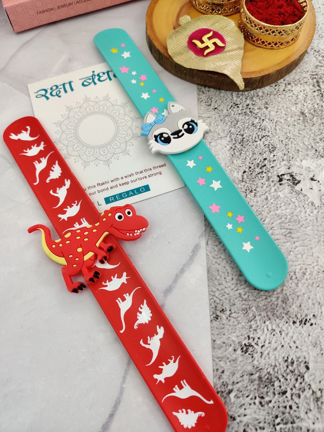 

EL REGALO Kids Set Of 2 Slap Band Rakhi With Roli Chawal, Red