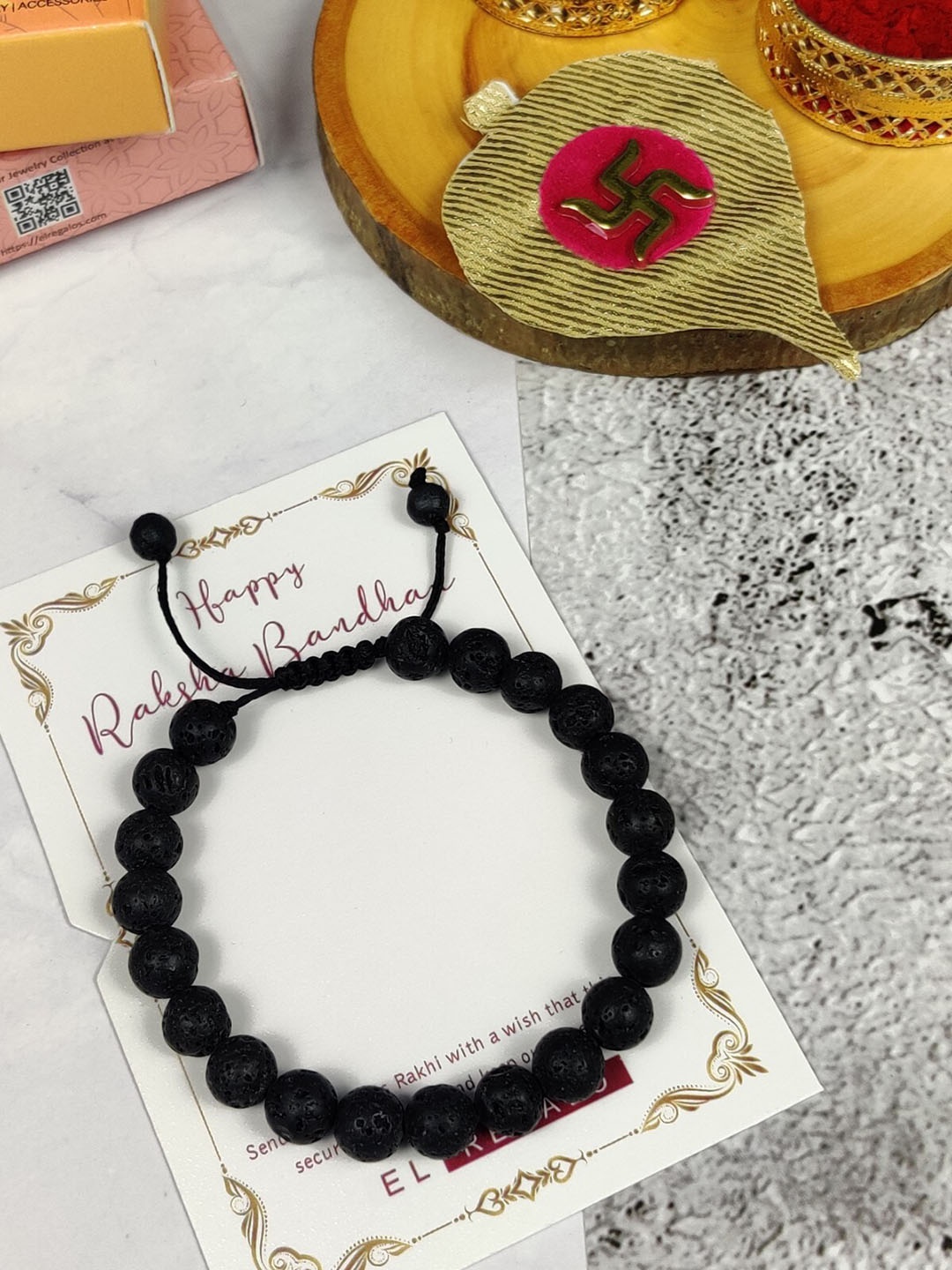 

EL REGALO Men Beaded Thread Rakhi With Roli Chawal, Black