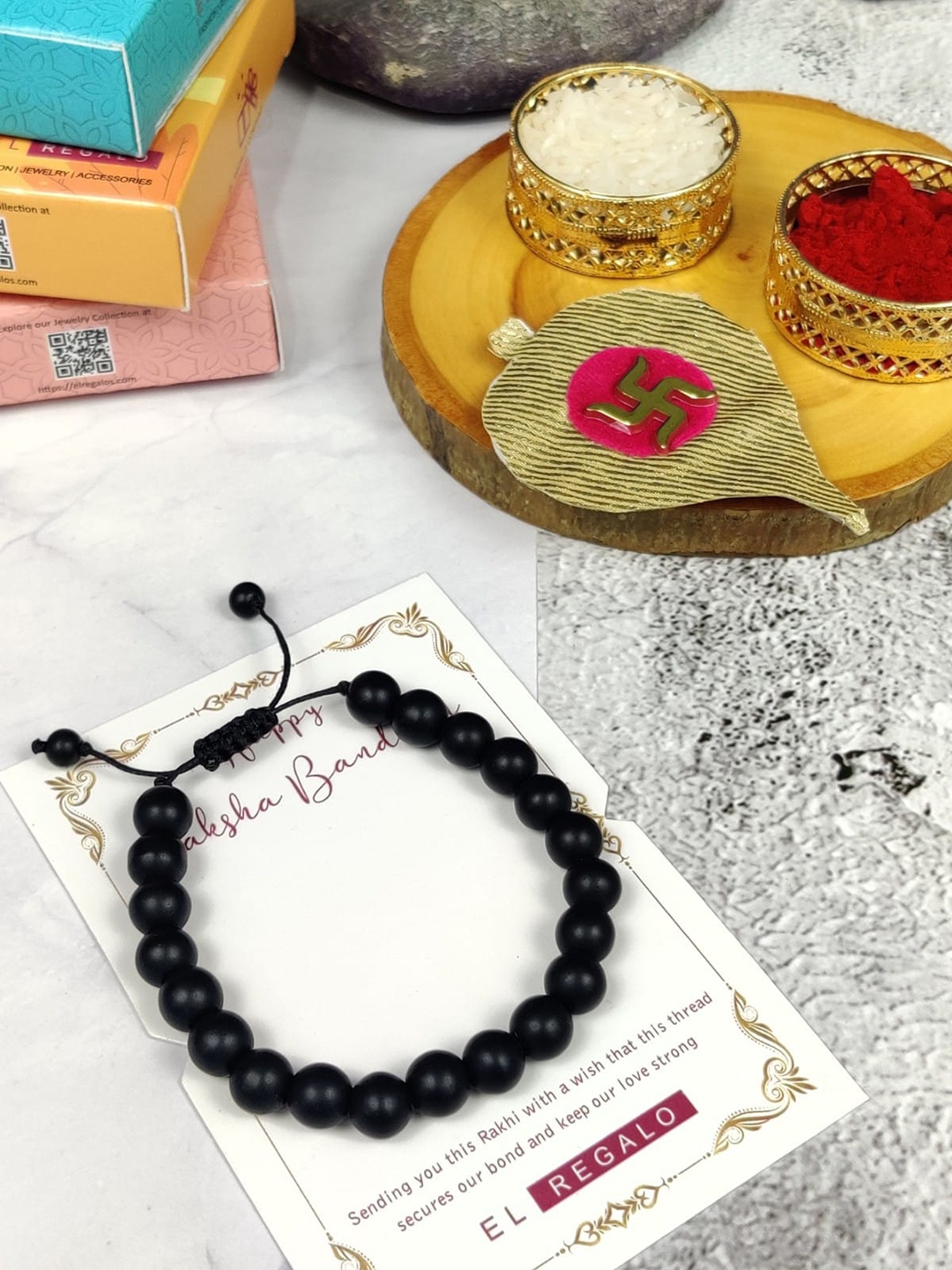 

EL REGALO Beaded Thread Rakhi With Roli Chawl & Card Gift Set, Black