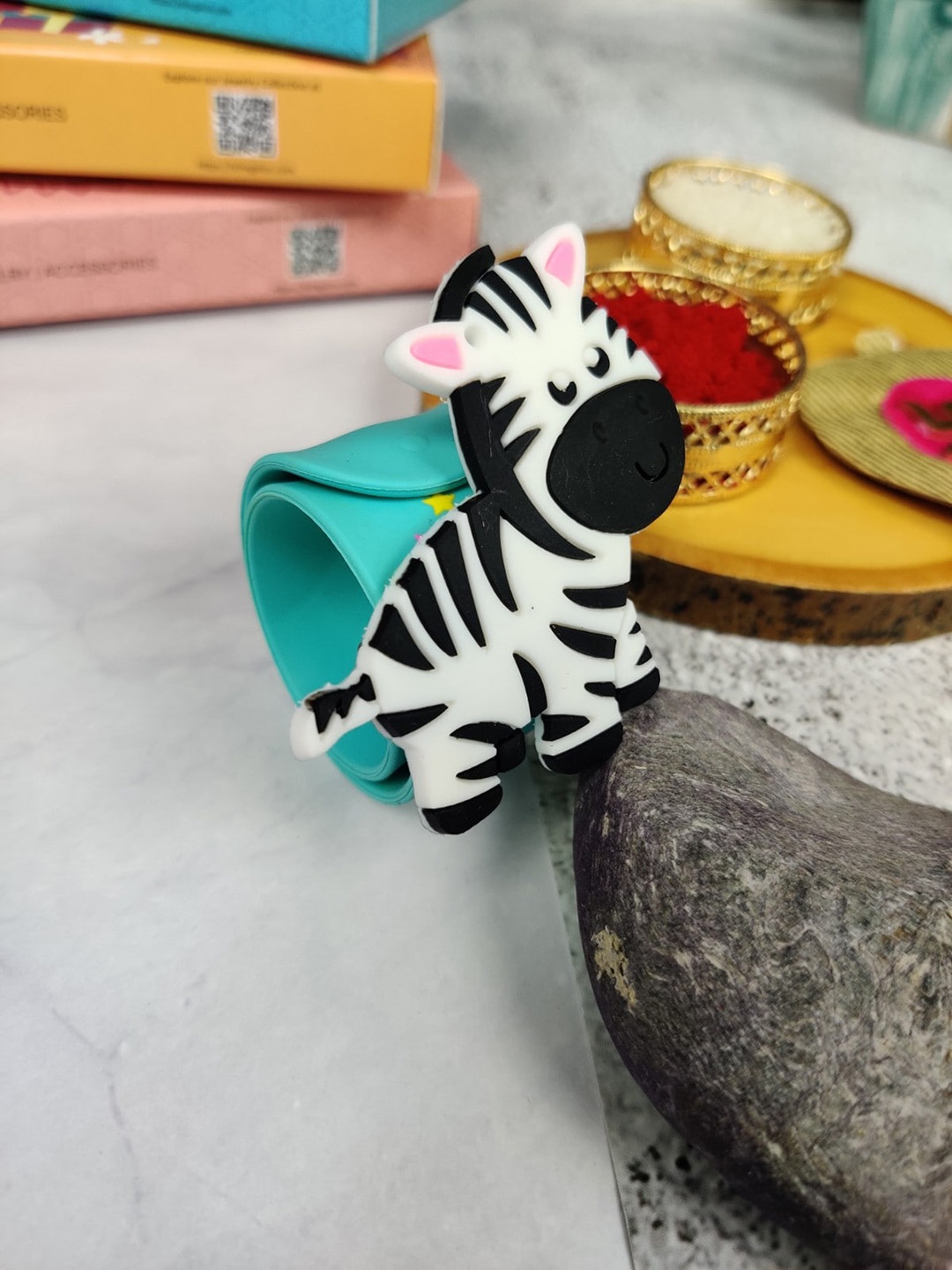 

EL REGALO Kids Zebra Design Slap Band Rakhi With Roli Chawl & Card Gift Set, Blue