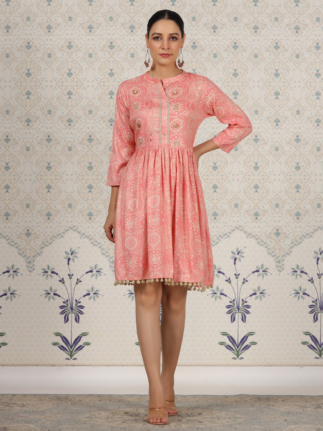 

Ode by House of Pataudi Peach-Coloured Ethnic Printed Gathered Georgette Fit & Flare Dress