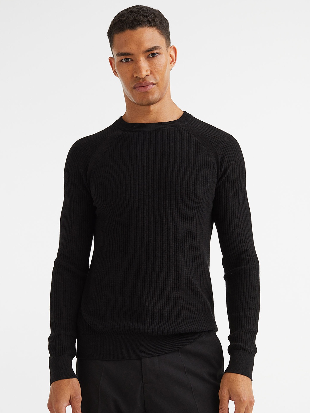 

H&M Pure Cotton Knitted jumper Muscle Fit, Black