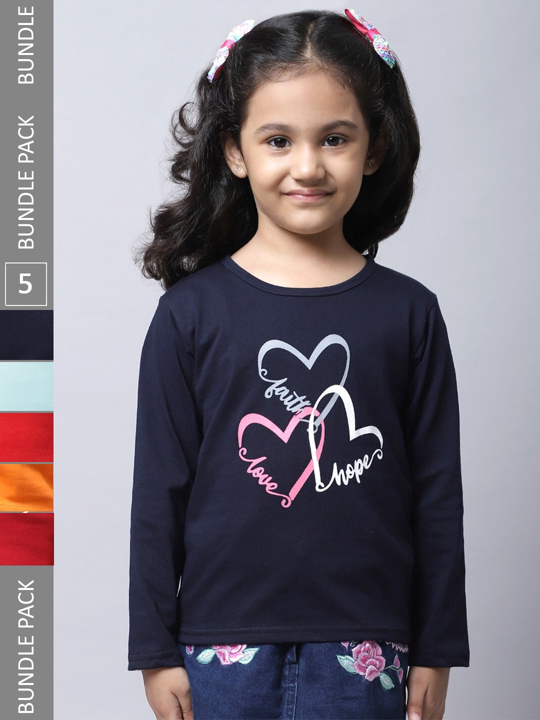 

BAESD Girls Pack of 5 Graphic Printed Cotton T-shirts, Navy blue