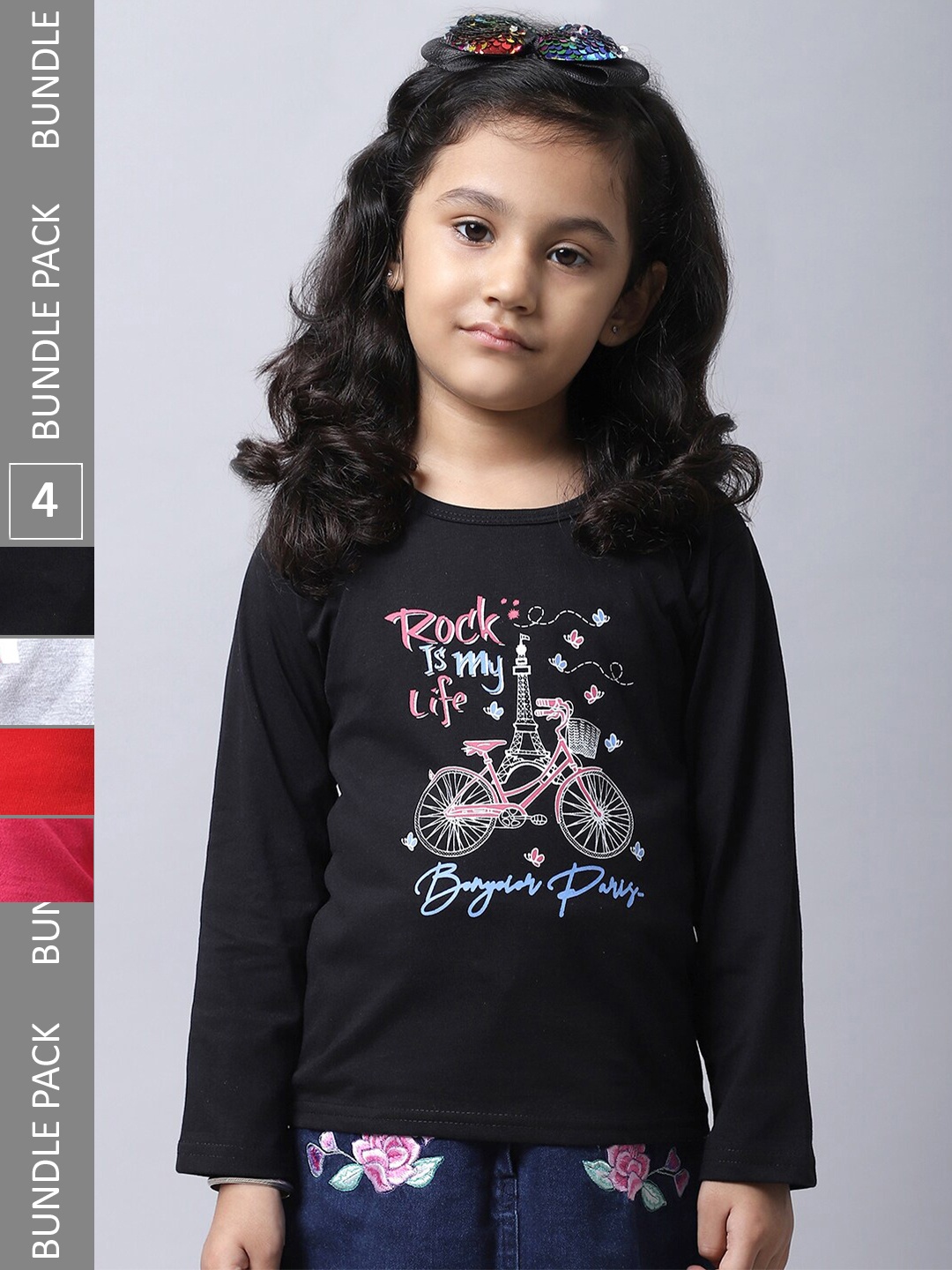 

BAESD Girls Pack Of 4 Printed Round Neck Cotton Regular T-shirts, Black