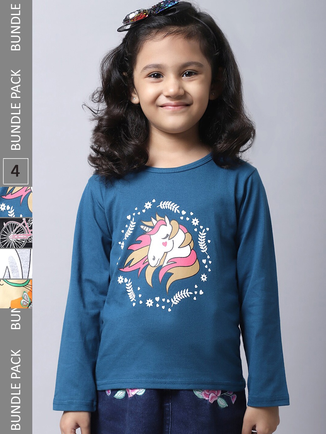 

BAESD Girls Pack Of 4 Printed Round Neck Cotton Regular T-shirts, Teal