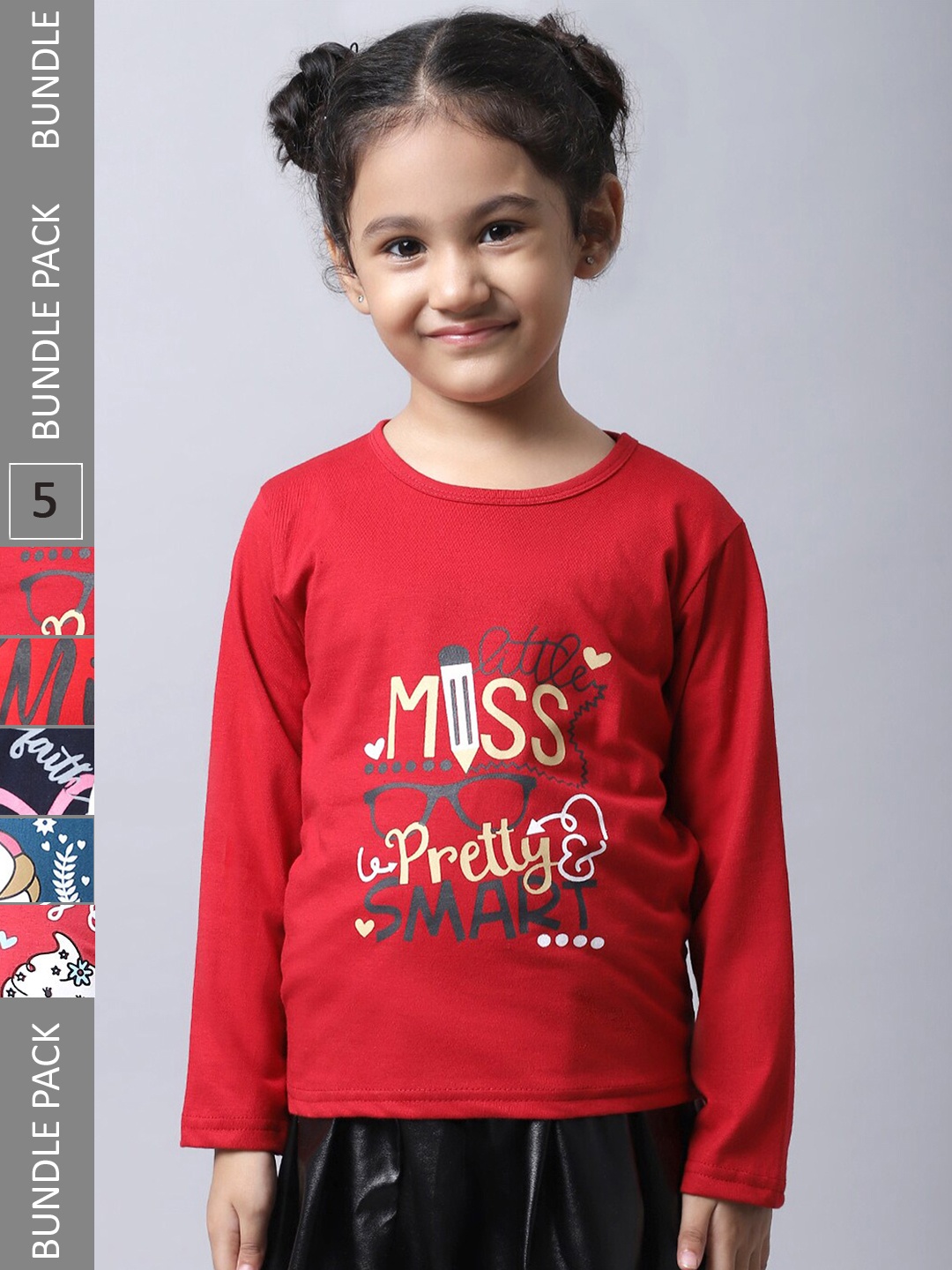 

BAESD Girls Pack Of 5 Printed Round Neck Cotton Regular T-shirts, Red