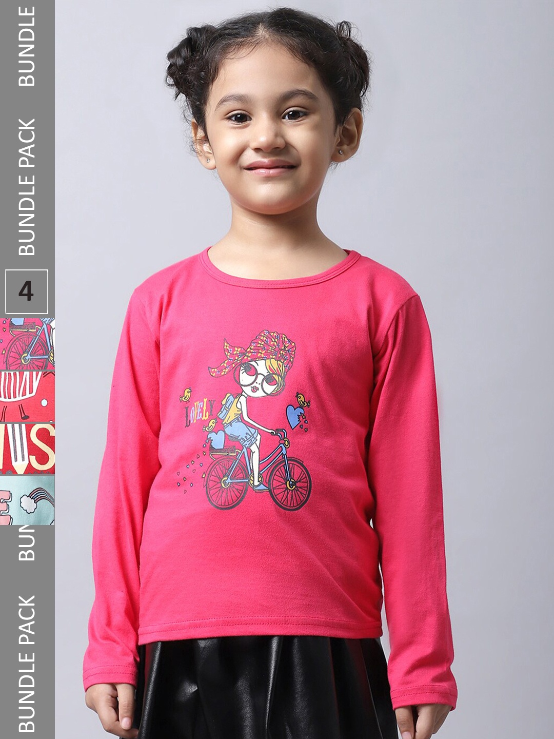 

BAESD Girls Pack Of 4 Graphic Printed Long Sleeves Cotton T-shirt, Pink