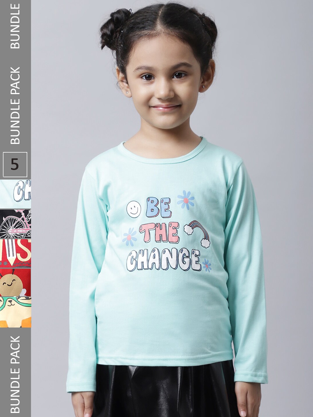 

BAESD Girls Pack Of 5 Printed Round Neck Cotton Regular T-shirts, Sea green