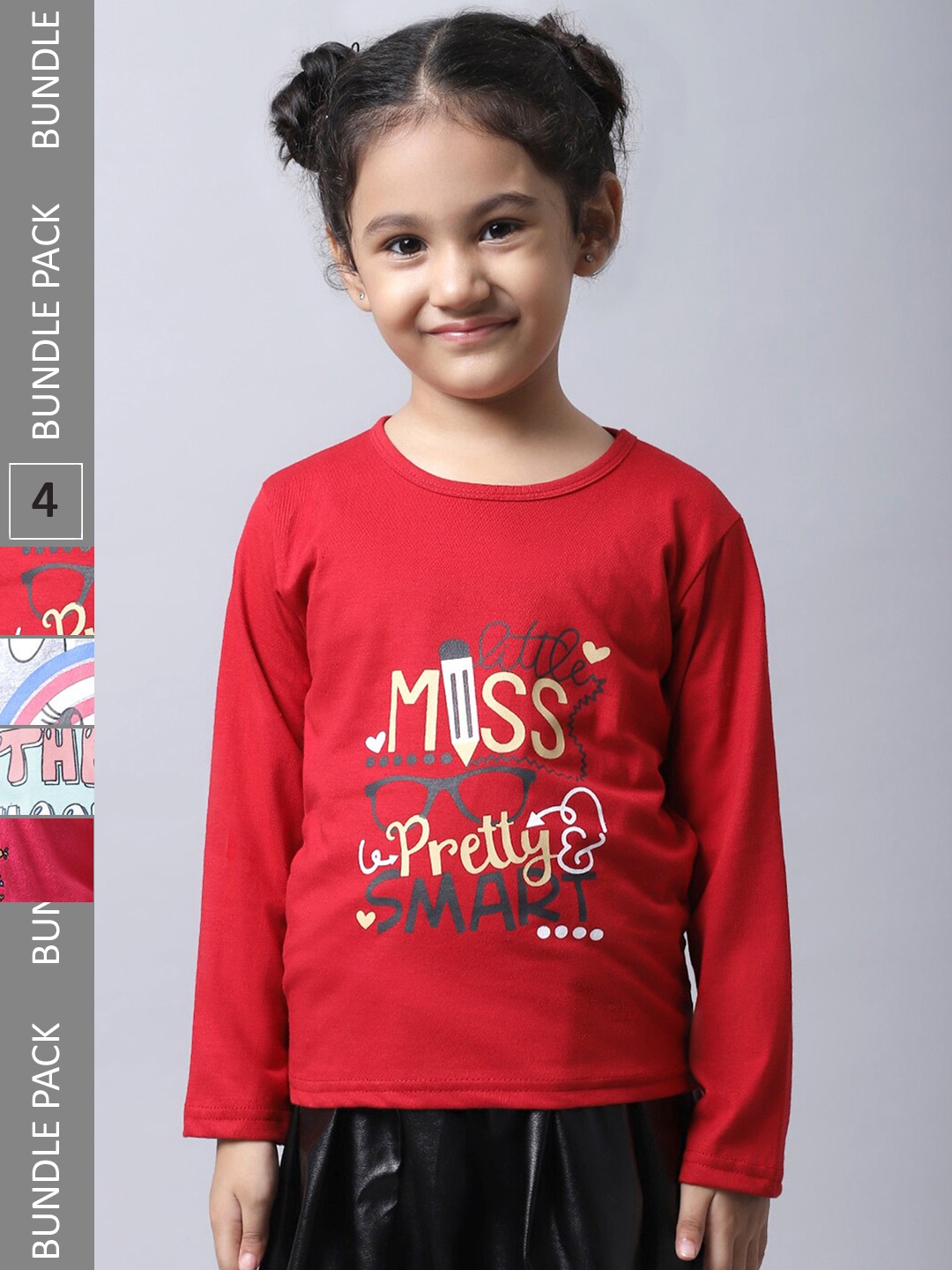 

BAESD Girls Pack Of 4 Graphic Printed Long Sleeve Pure Cotton T-shirt, Red