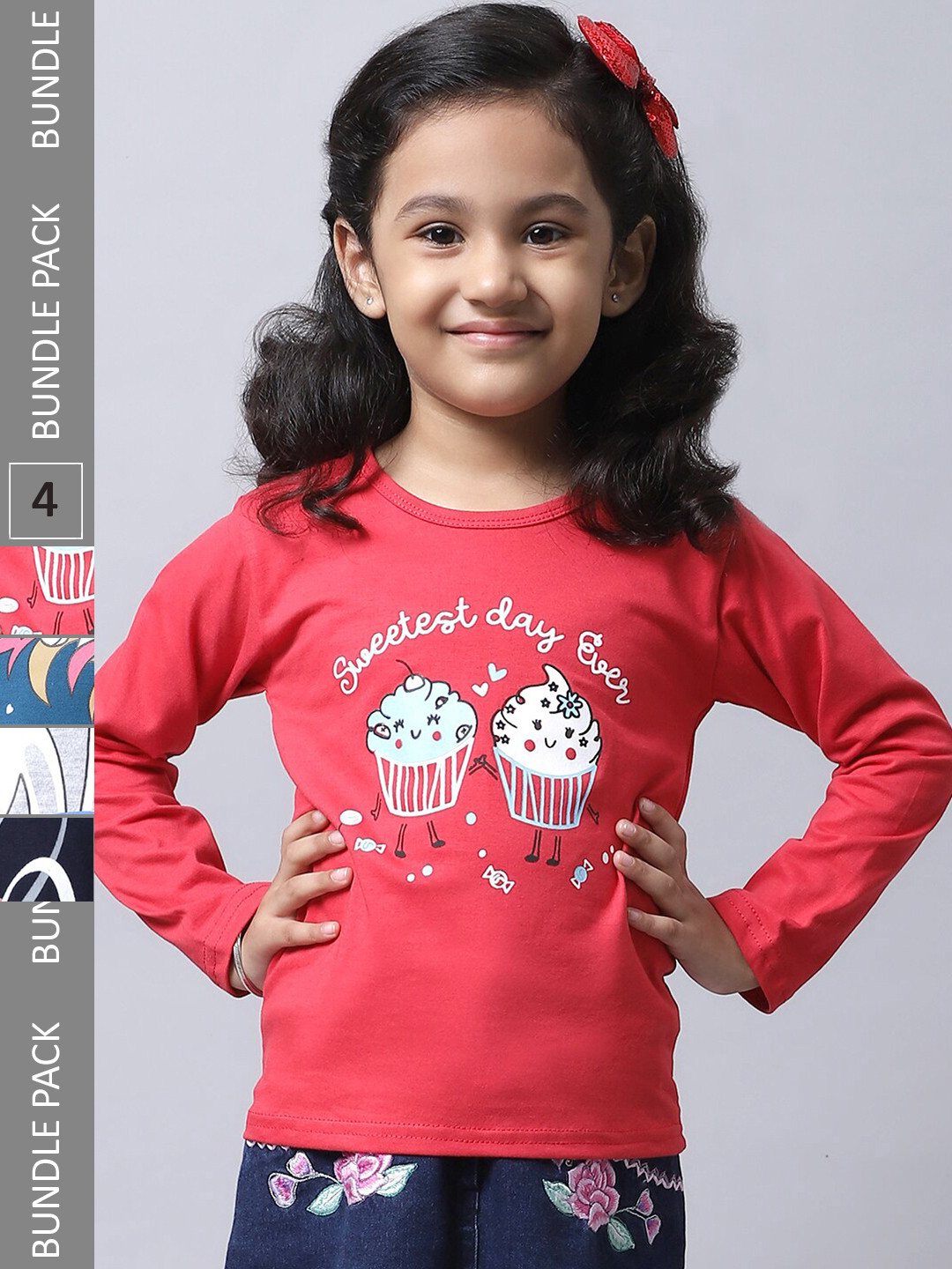 

BAESD Girl Pack Of 4 Graphic Printed Cotton T-Shirt, Red