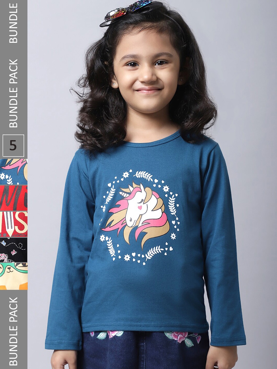 

BAESD Girls Pack of 5 Printed Regular Fit Cotton T-shirt, Blue