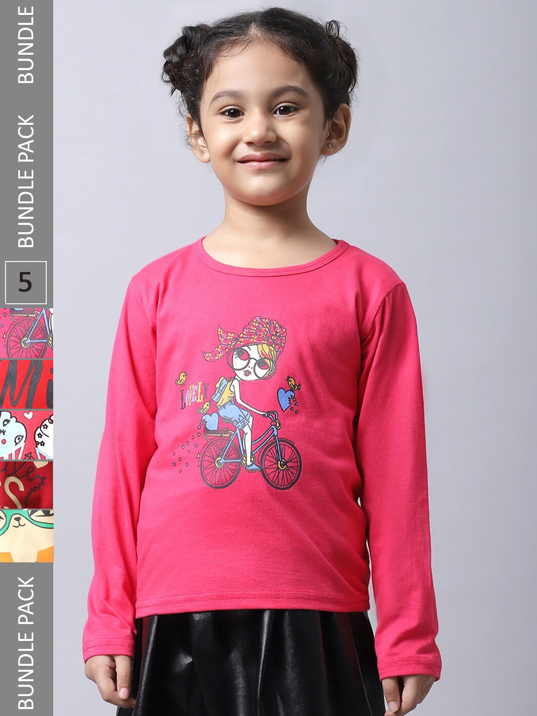 

BAESD Girls Pack Of 5 Printed Round Neck Cotton Regular T-shirts, Pink