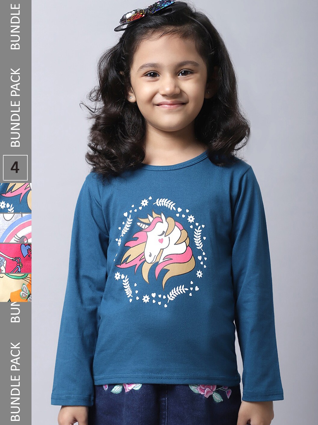

BAESD Girls Pack Of 4 Printed Round Neck Cotton Regular T-shirts, Teal