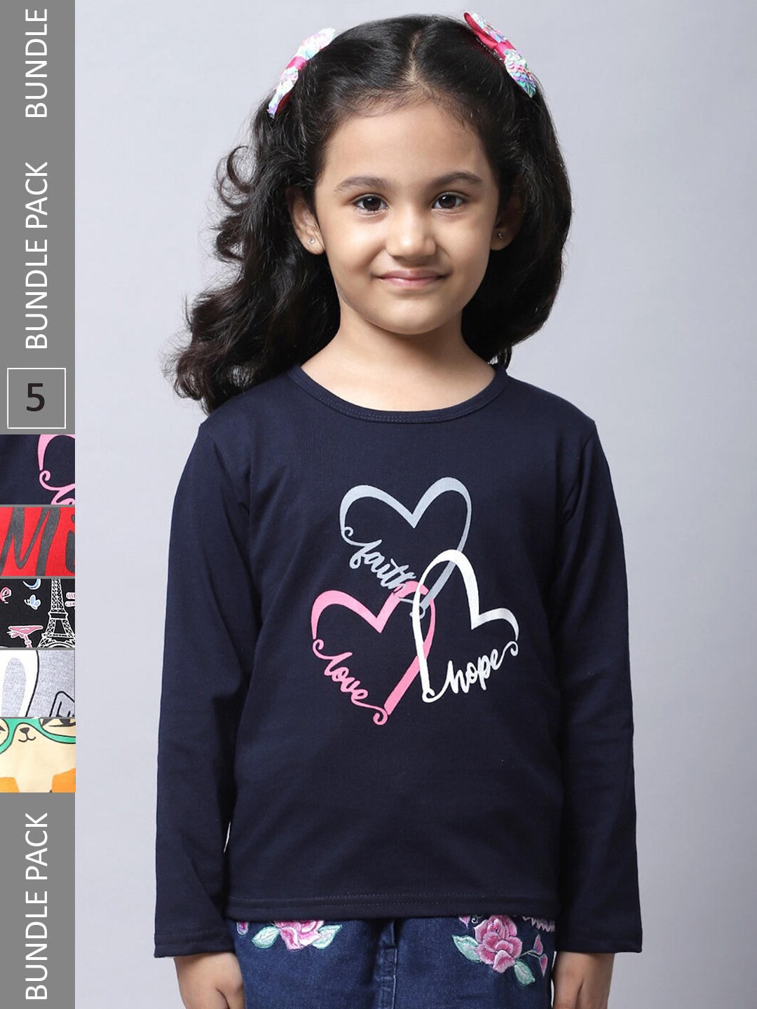 

BAESD Girls Pack Of 5 Typography Printed Long Sleeves Cotton T-shirt, Navy blue