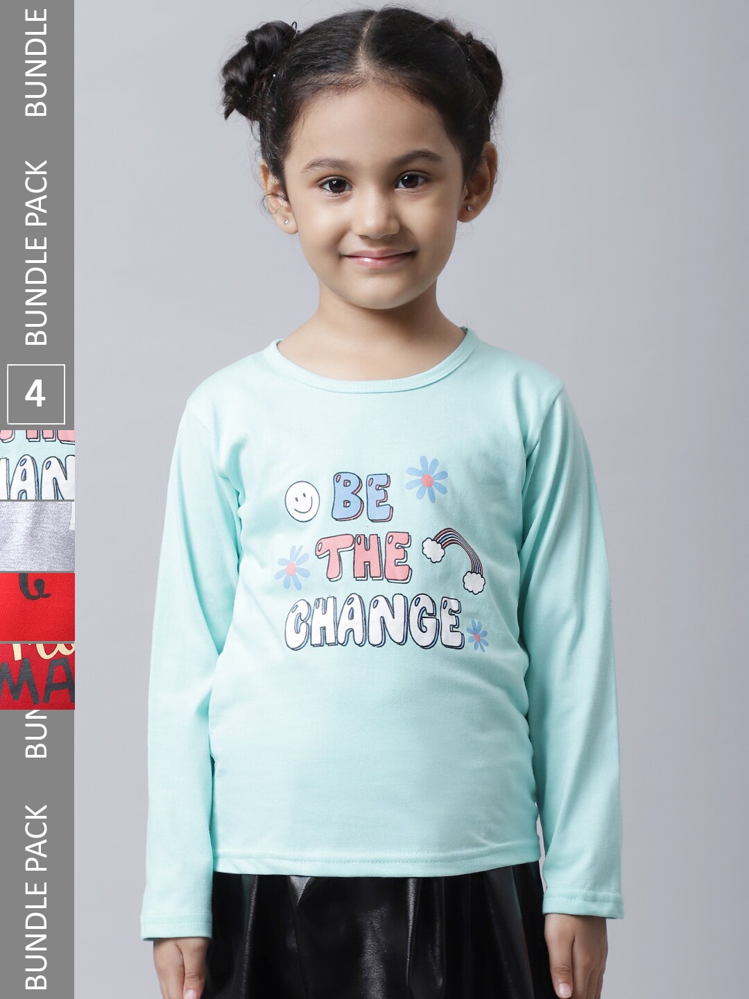 

BAESD Girls Pack Of 4 Printed Round Neck Cotton Regular T-shirts, Sea green