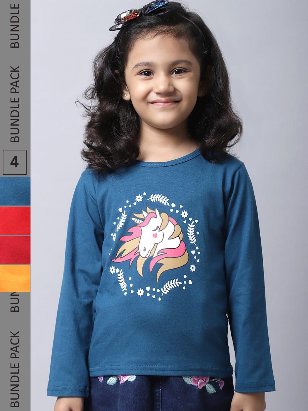 

BAESD Girls Pack Of 4 Printed Round Neck Cotton Regular T-shirts, Teal