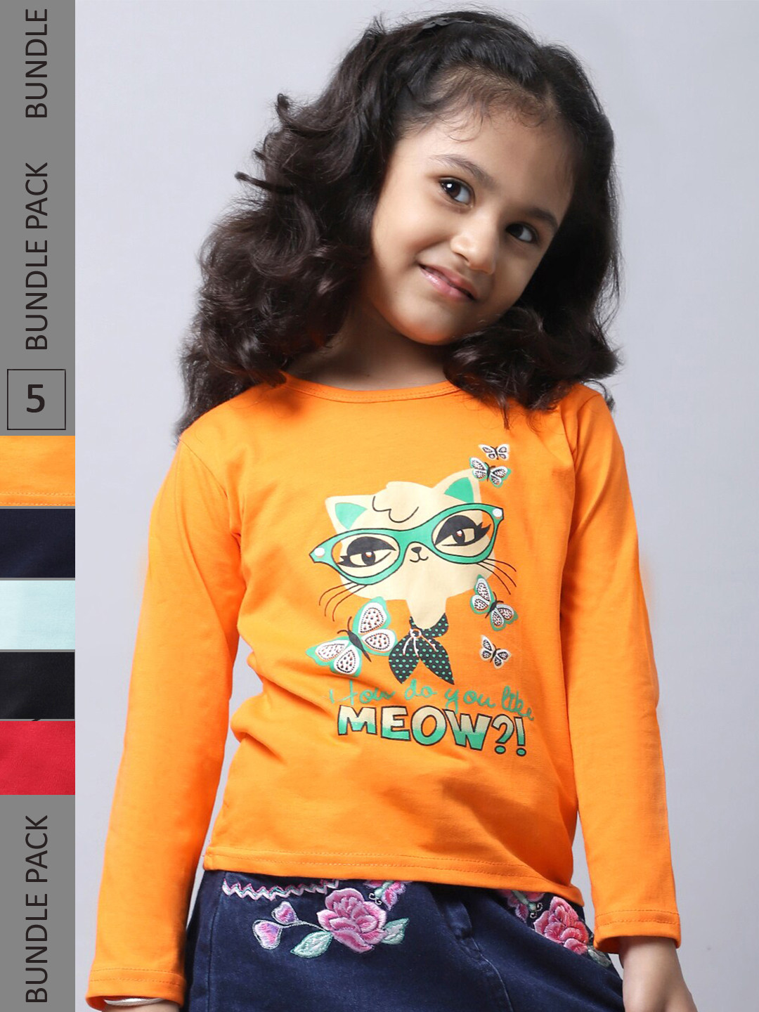 

BAESD Girls Pack Of 5 Graphic Printed Long Sleeve Pure Cotton T-shirt, Orange