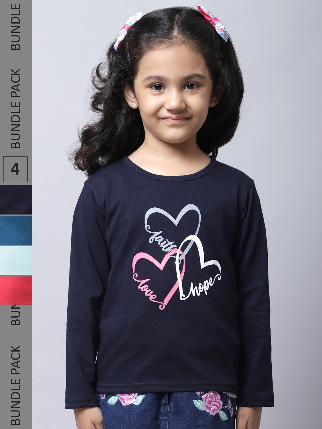 

BAESD Girls Pack Of 4 Graphic Printed Long Sleeve Pure Cotton T-shirt, Navy blue