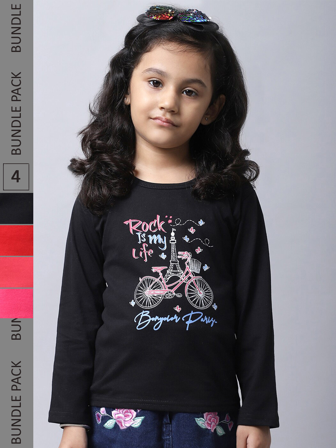

BAESDGirls Pack of 4 Graphic Printed Cotton T-shirts, Black