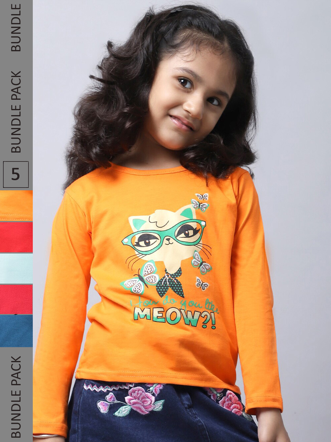 

BAESD Girls Pack Of 5 Graphic Printed Long Sleeves Pure Cotton T-shirt, Orange