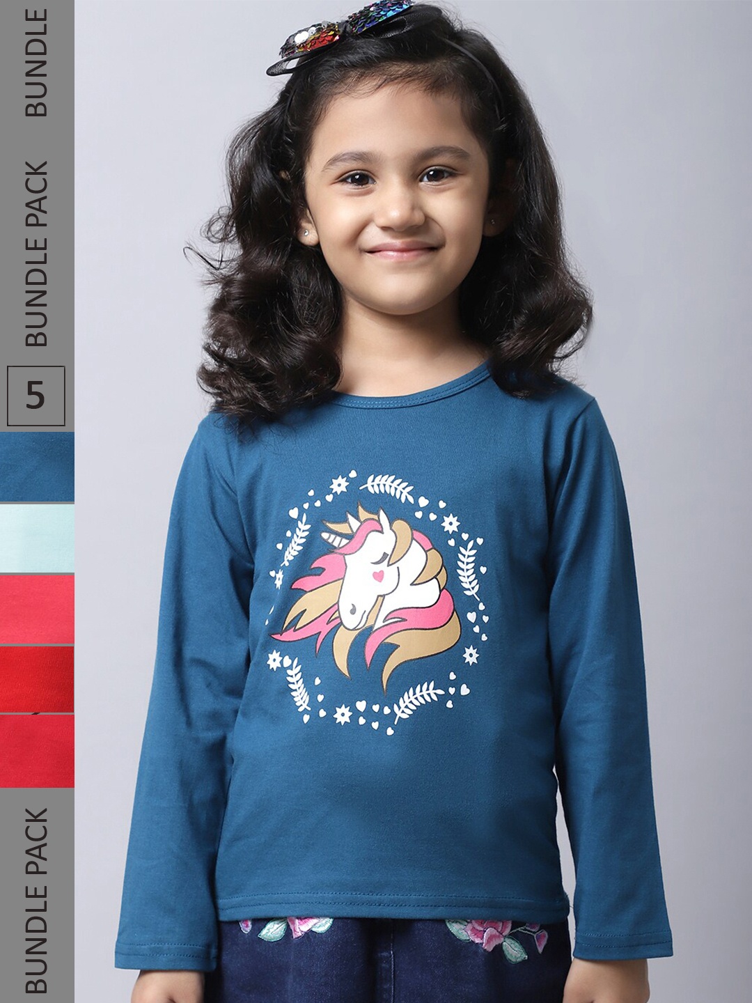 

BAESD Girls Pack Of 5 Printed Cotton T-shirt, Blue