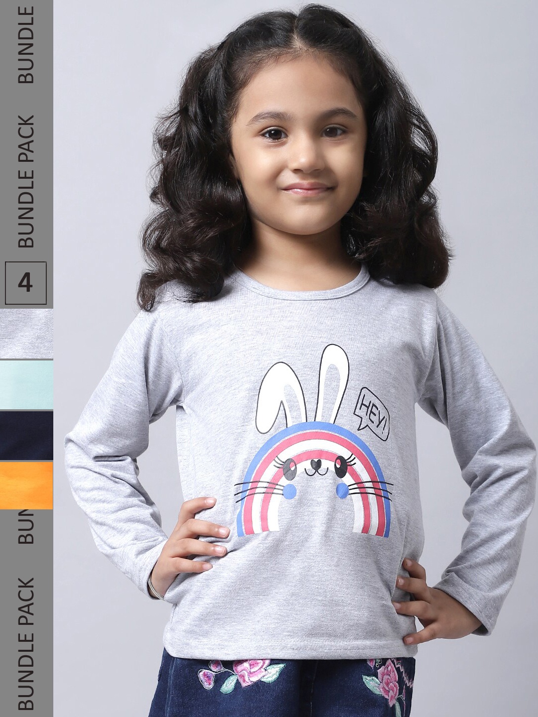 

BAESD Girls Pack Of 4 Graphic Printed Long Sleeve Pure Cotton T-shirt, Grey