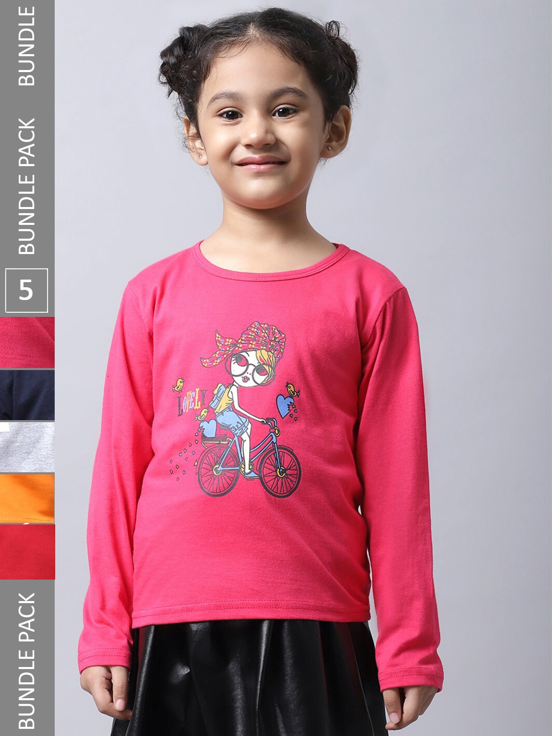 

BAESD Girls Pack Of 5 Graphic Printed Round Neck Cotton Regular T-shirt, Pink