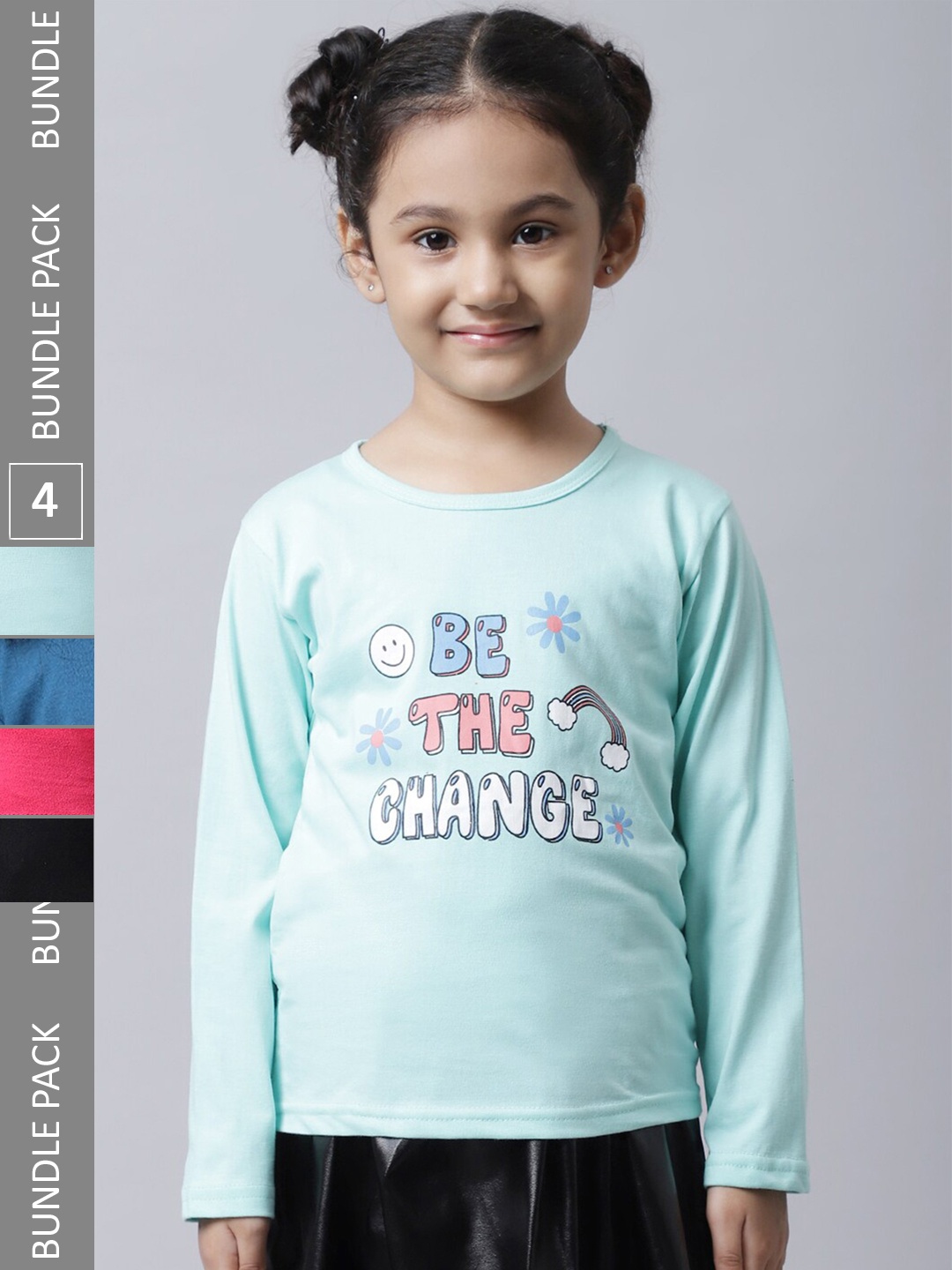 

BAESD Girls Pack Of 4 Typography Printed Cotton T-shirts, Turquoise blue