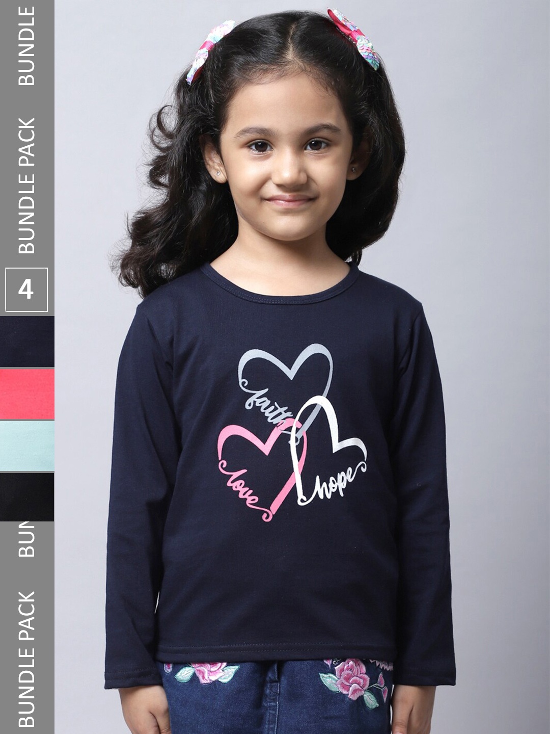 

BAESD Girls Pack Of 4 Typographic Printed Long Sleeves Cotton T-shirt, Navy blue