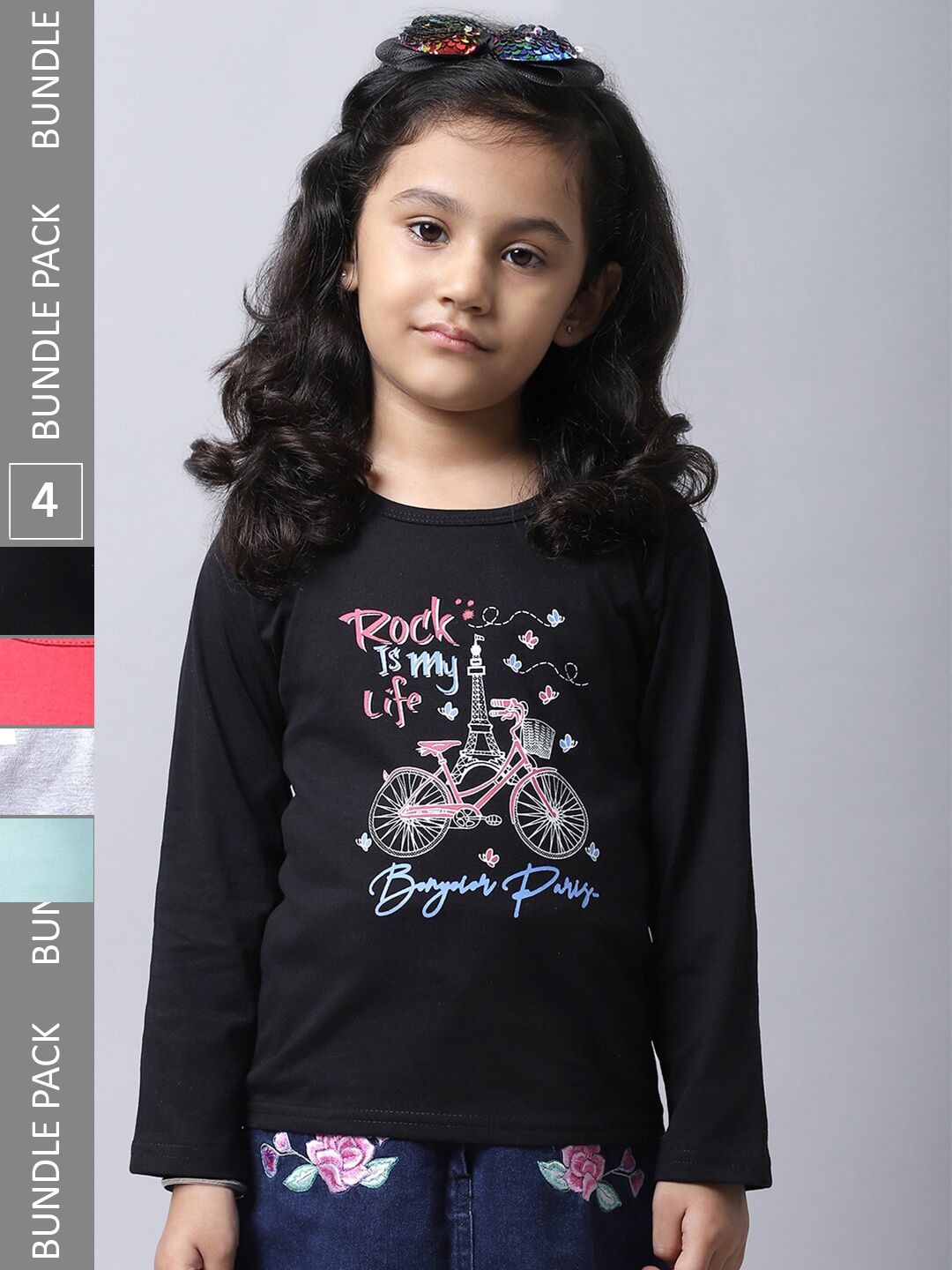 

BAESD Girls Pack Of 4 Graphic Printed Long Sleeves Cotton T-shirt, Black