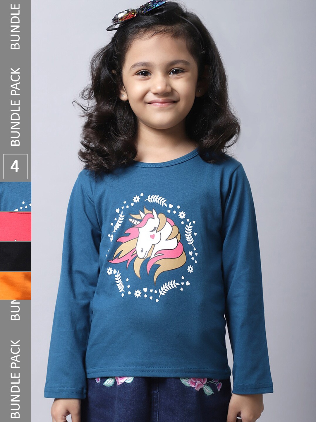 

BAESD Girls Multicoloured Floral 4 Printed Applique T-shirt, Multi