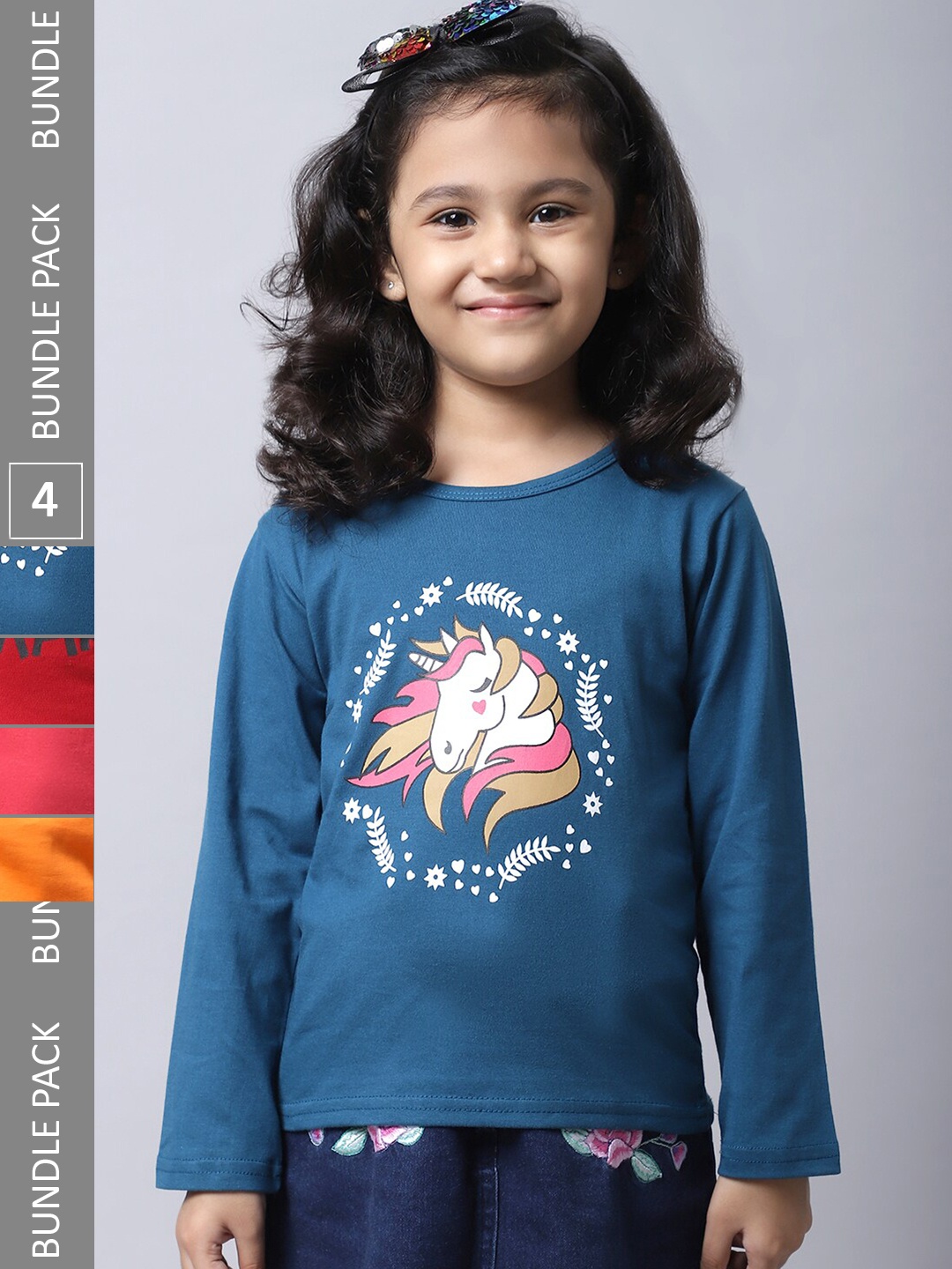 

BAESD Girls Pack of 4 Graphic Printed Cotton T-shirts, Blue