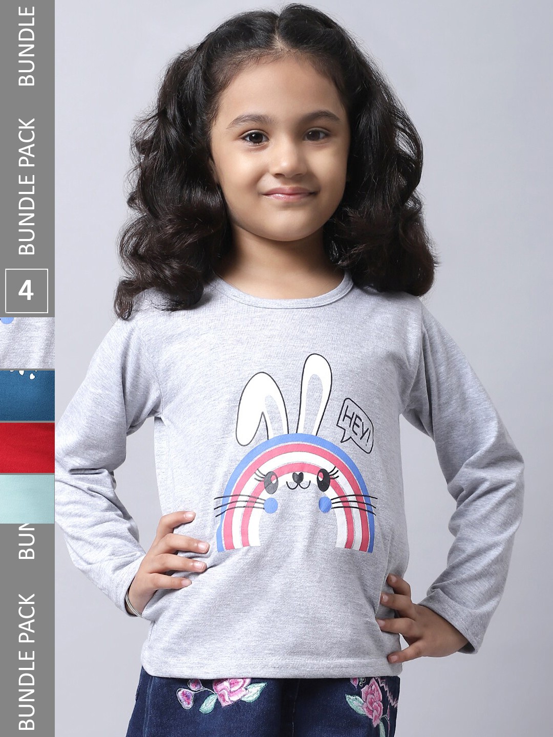 

BAESD Girls Pack Of 4 Graphic Printed Long Sleeve Pure Cotton T-shirt, Grey