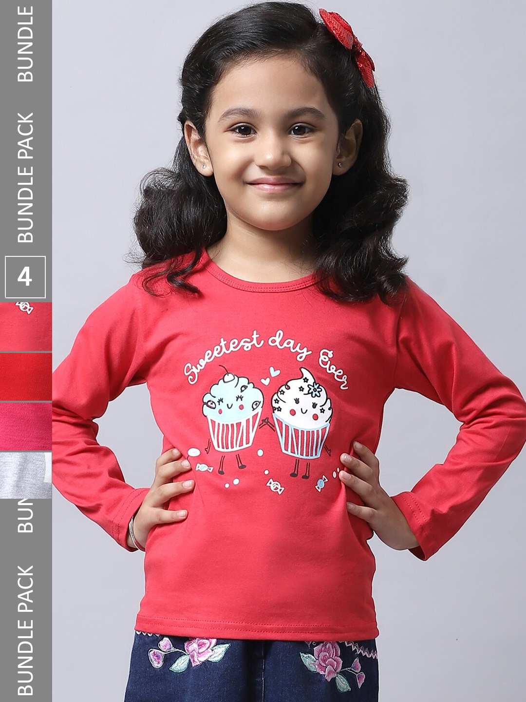 

BAESD Girls Pack Of 4 Printed Cotton T-shirt, Red