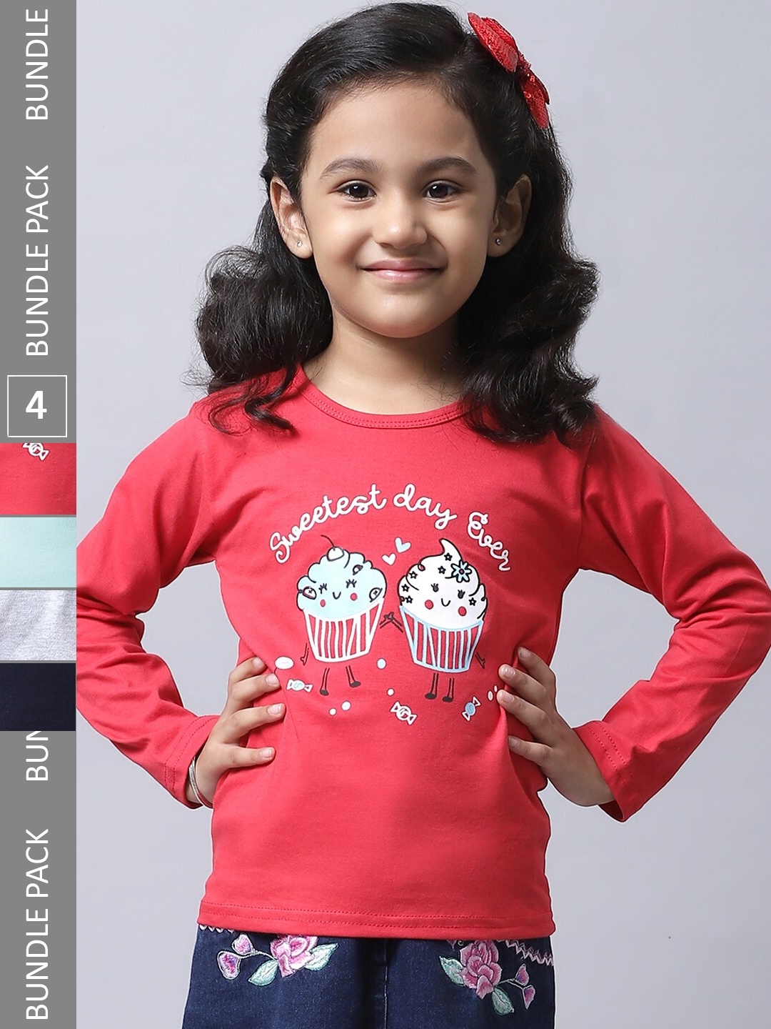 

BAESD Girls Pack Of 4 Graphic Printed Cotton T-shirt, Red