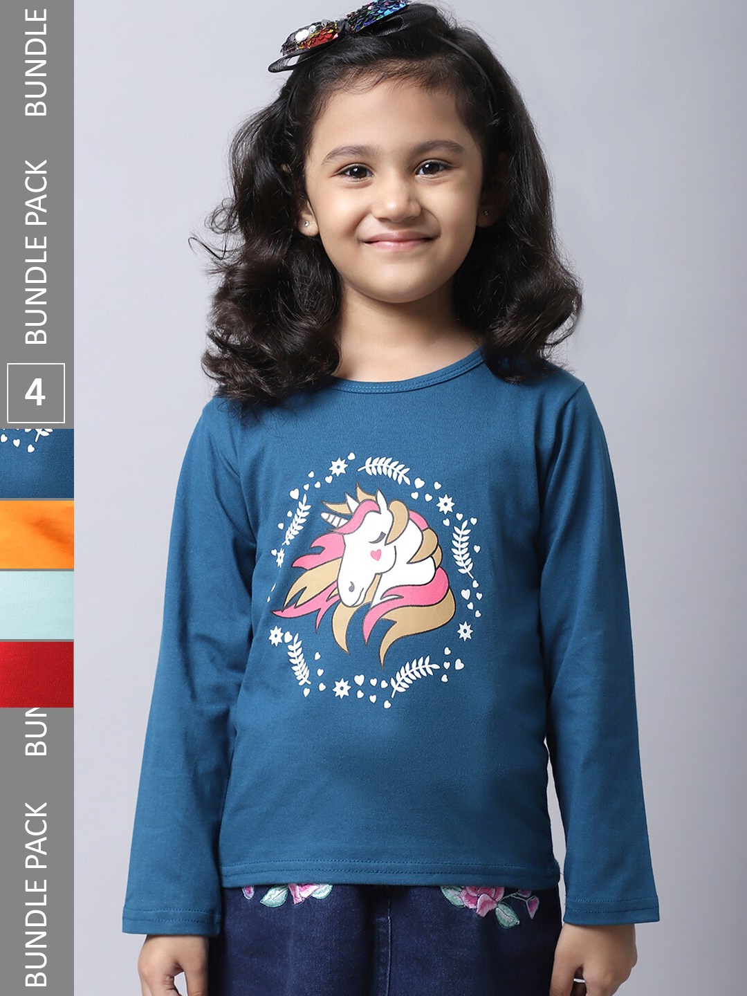 

BAESD Girls Pack Of 4 Printed Regular Fit Cotton T-shirt, Blue
