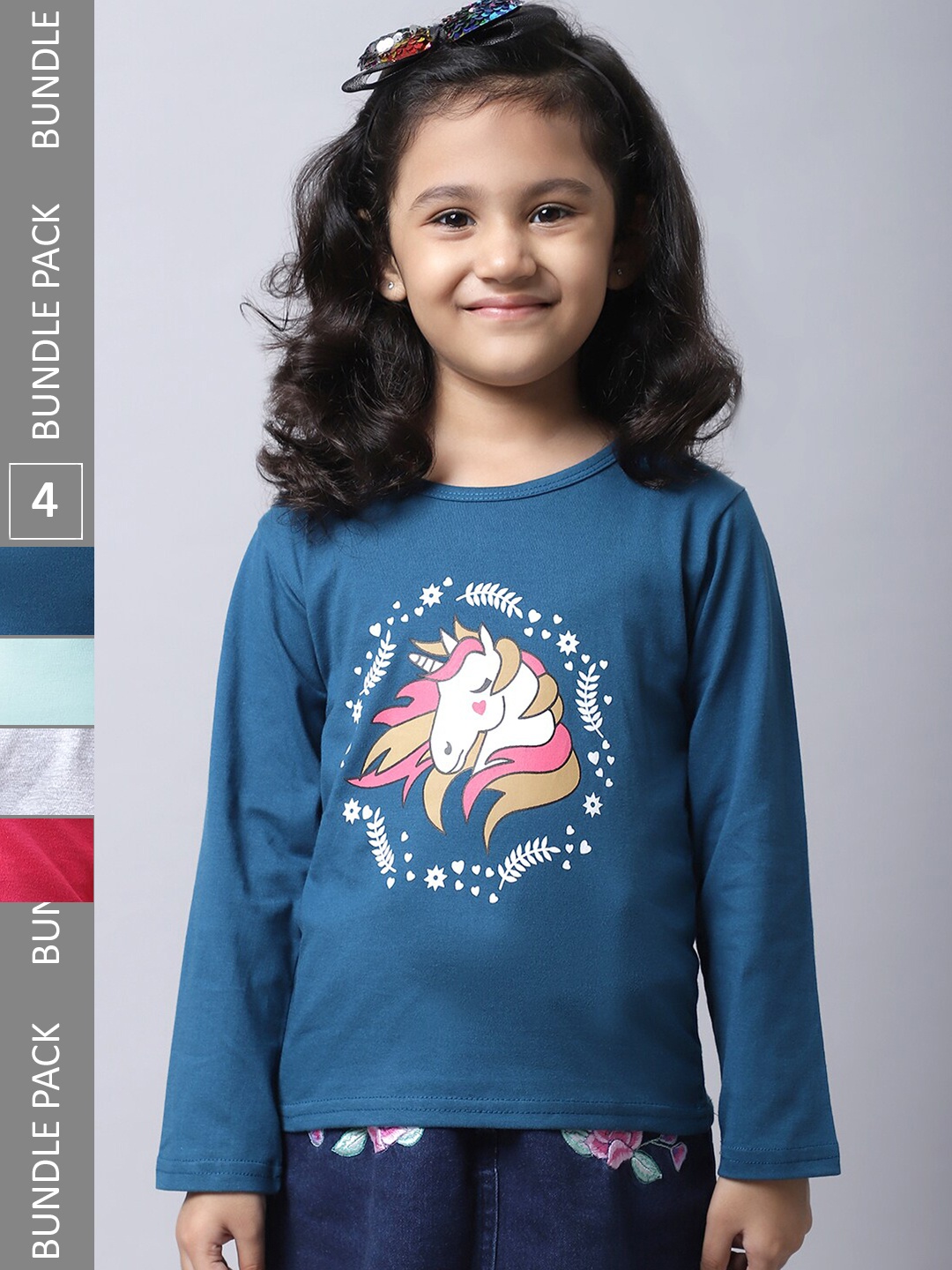 

BAESD Girls Pack Of 4 Printed Cotton T-shirts, Teal
