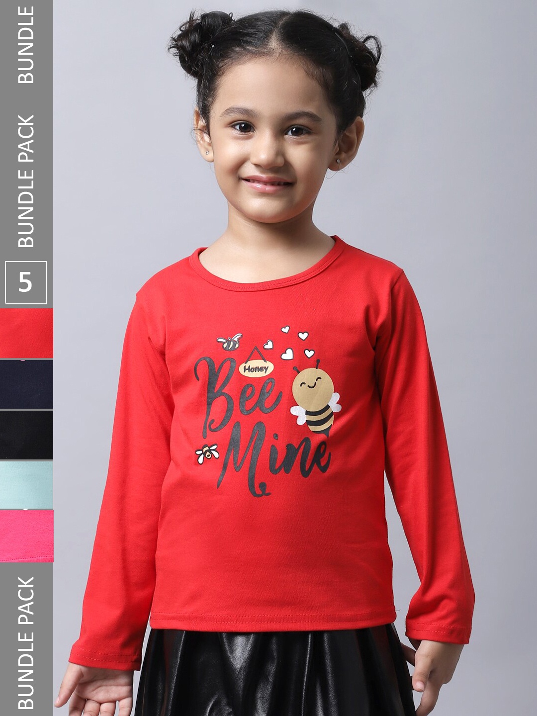 

BAESD Girls Pack Of 5 Graphic Printed Long Sleeves Pure Cotton T-shirt, Red