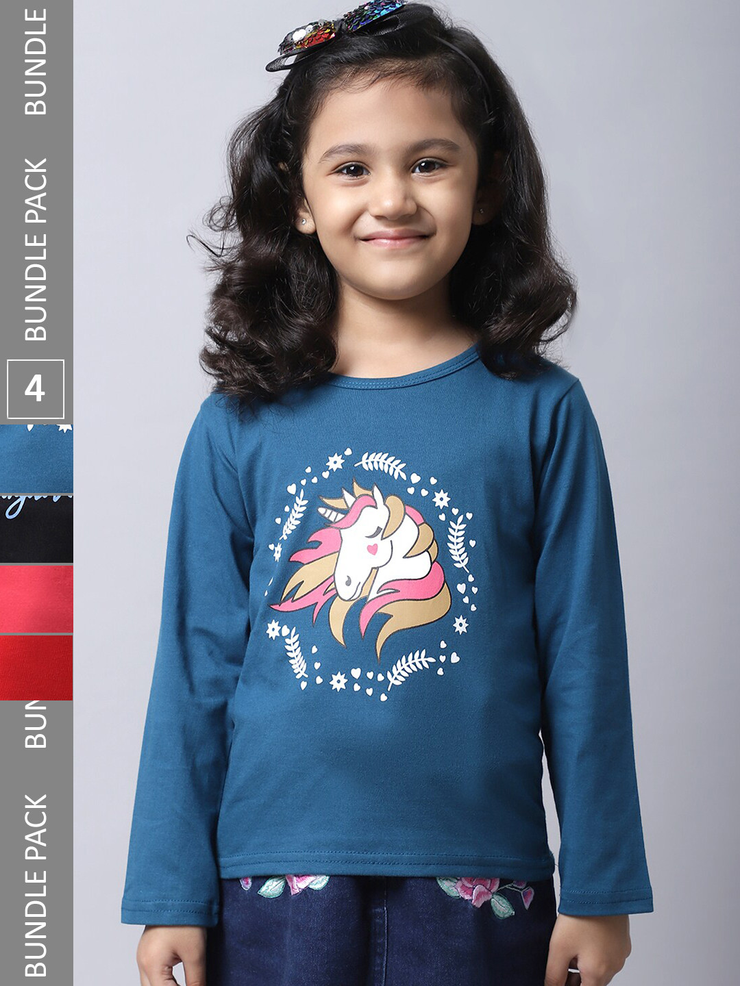 

BAESD Girls Pack Of 4 Printed Regular Fit Cotton T-shirt, Blue