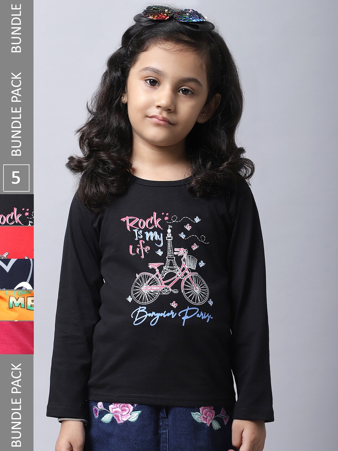 

BAESD Girls Pack Of 5 Typography Printed Cotton T-shirts, Black
