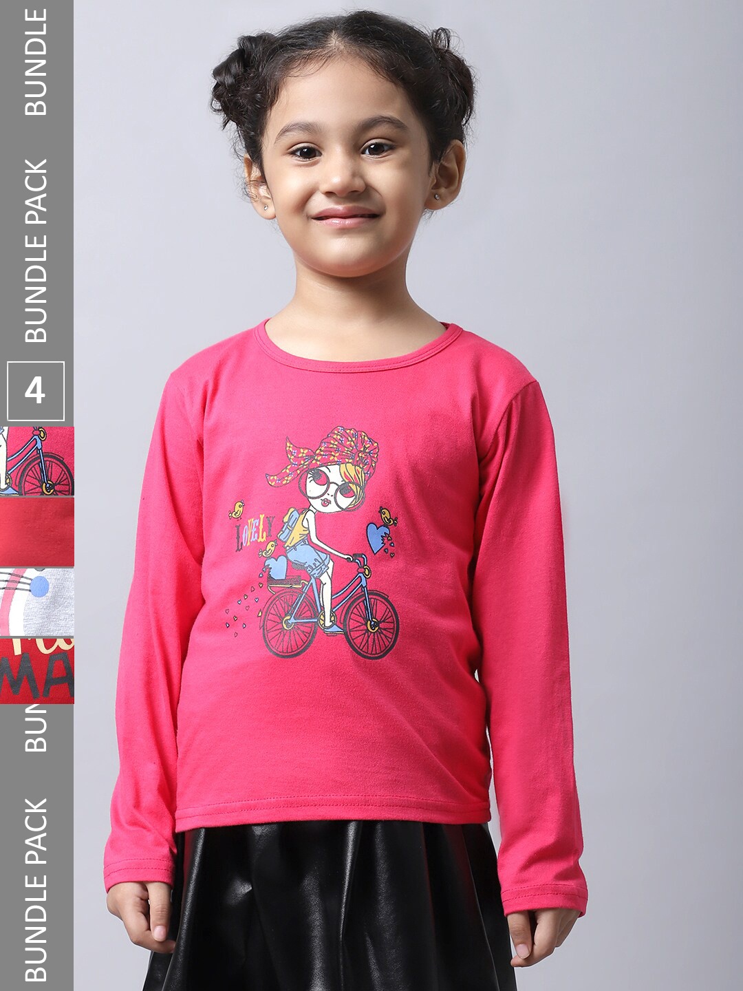 

BAESD Girls Pack Of 4 Graphic Printed Long Sleeves Cotton T-shirt, Pink
