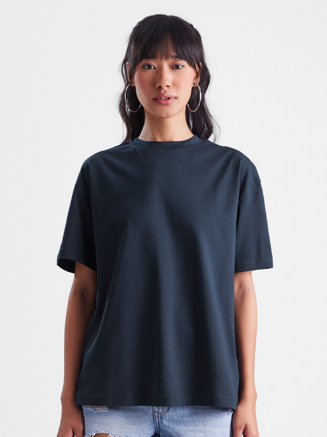 

The Souled Store Drop Shoulder Oversized Pure Cotton T-Shirt, Navy blue