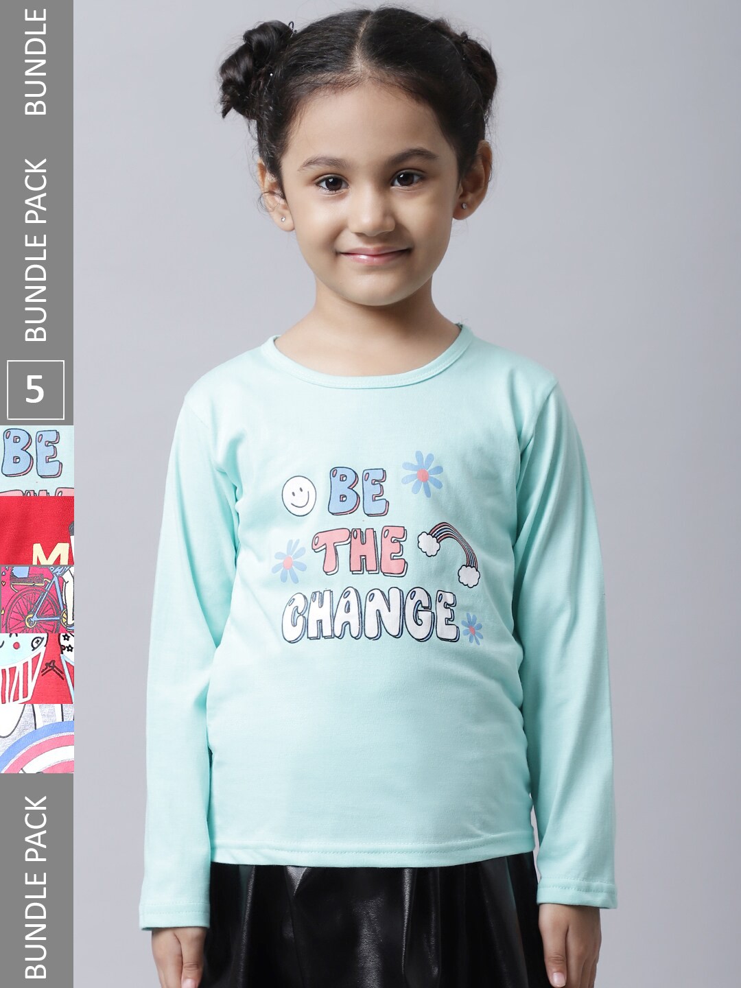

BAESD Girls Pack Of 5 Typography Printed Long Sleeves Cotton T-shirt, Green