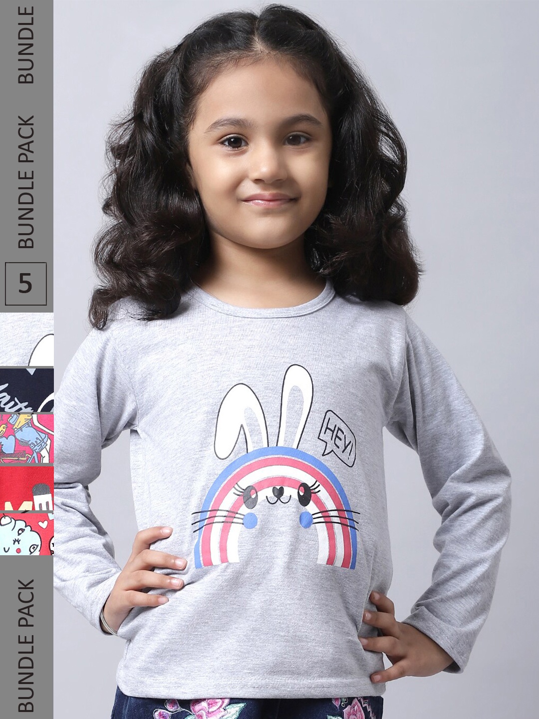 

BAESD Girl Pack Of 5 Graphic Printed Cotton T-shirt, Grey