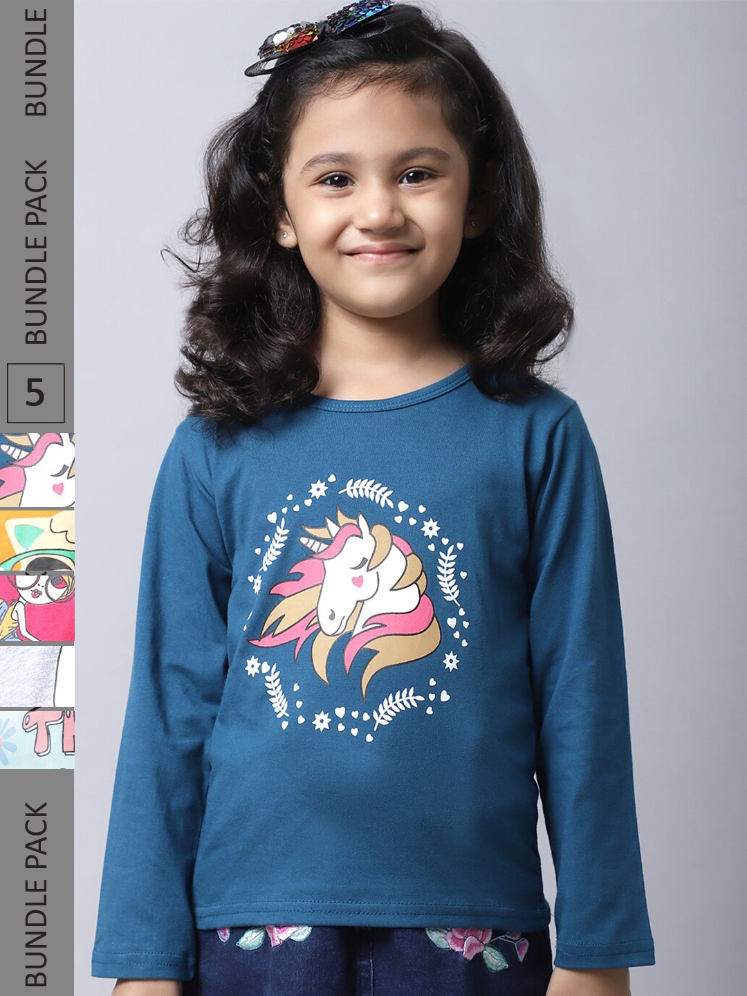 BAESD Girls Pack Of 5 Printed Cotton T-shirts, Teal