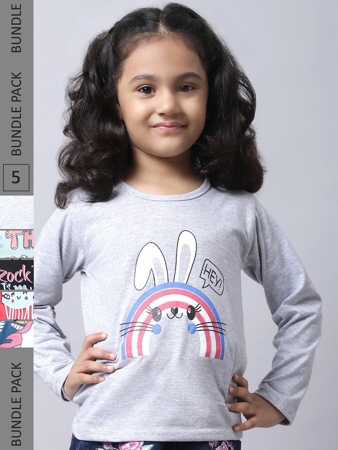 

BAESD Girls Pack Of 5 Graphic Printed Round Neck Cotton Regular T-shirt, Grey