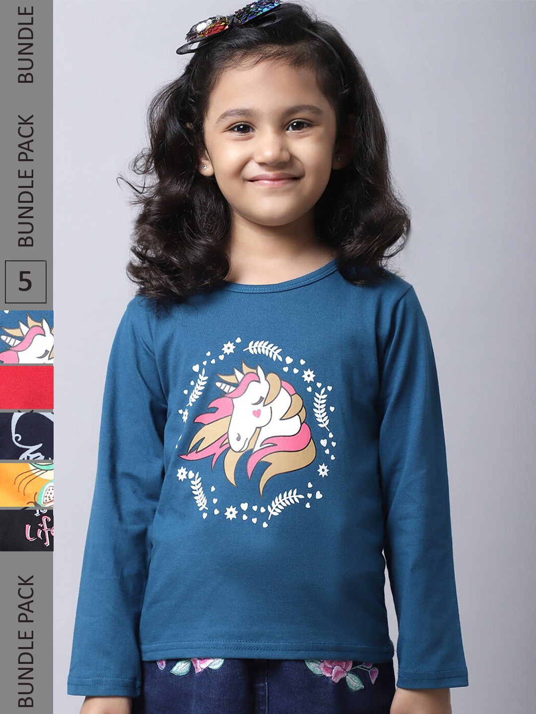 

BAESD Girls Pack Of 5 Graphic Printed Long Sleeve Pure Cotton T-shirt, Blue