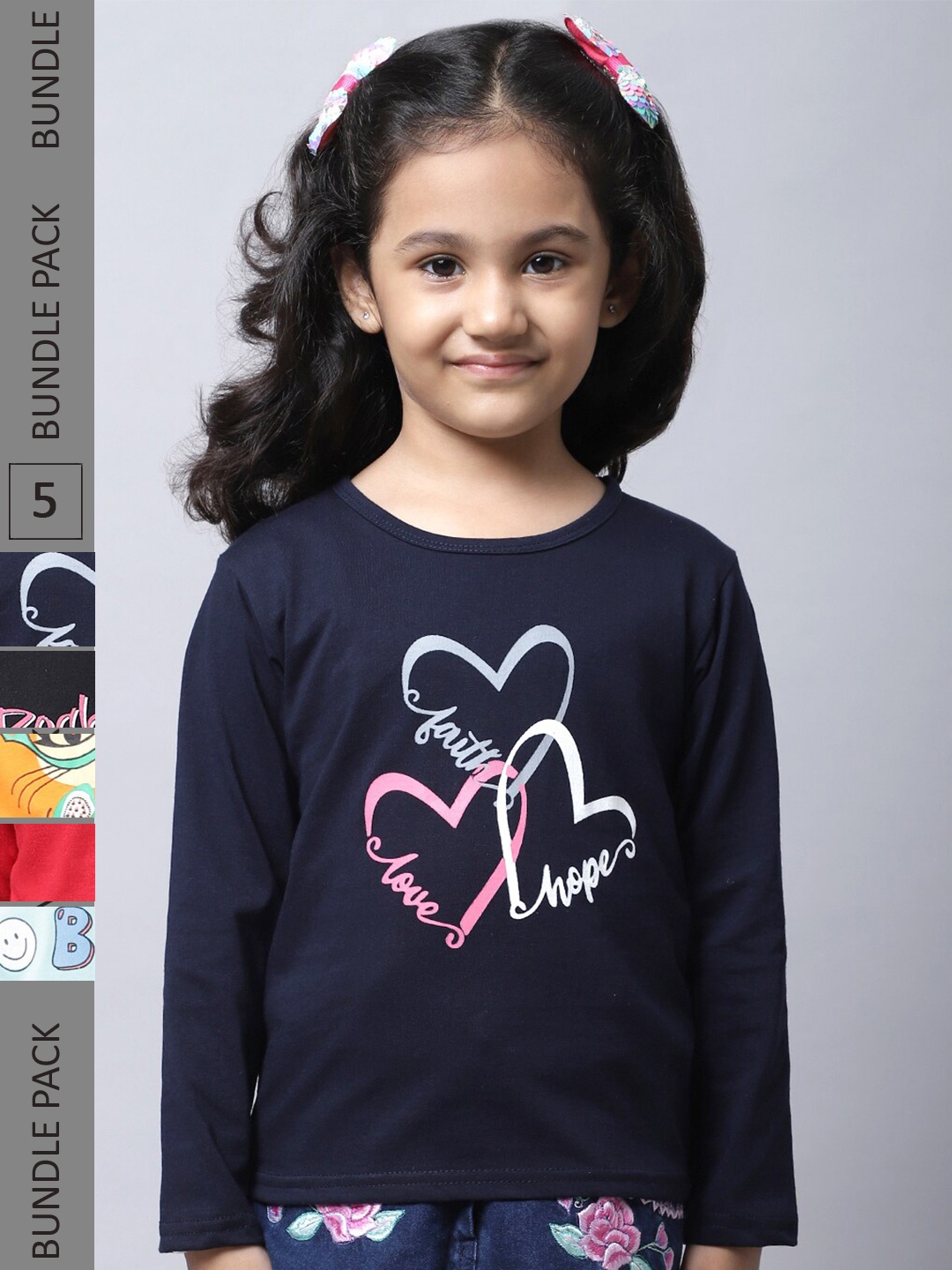 

BAESD Girls Pack of 5 Printed Cotton T-shirts, Navy blue