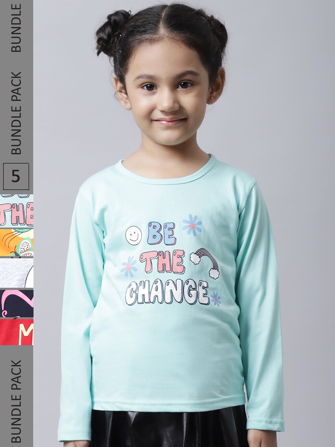 

BAESD Girls Pack of 5 Typography Printed Cotton T-shirts, Blue